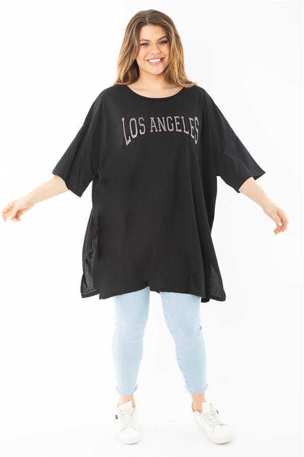 Kadın Büyük Beden Siyah Sim Detaylı Yan Yırtmaçlı Bluz 65N37452