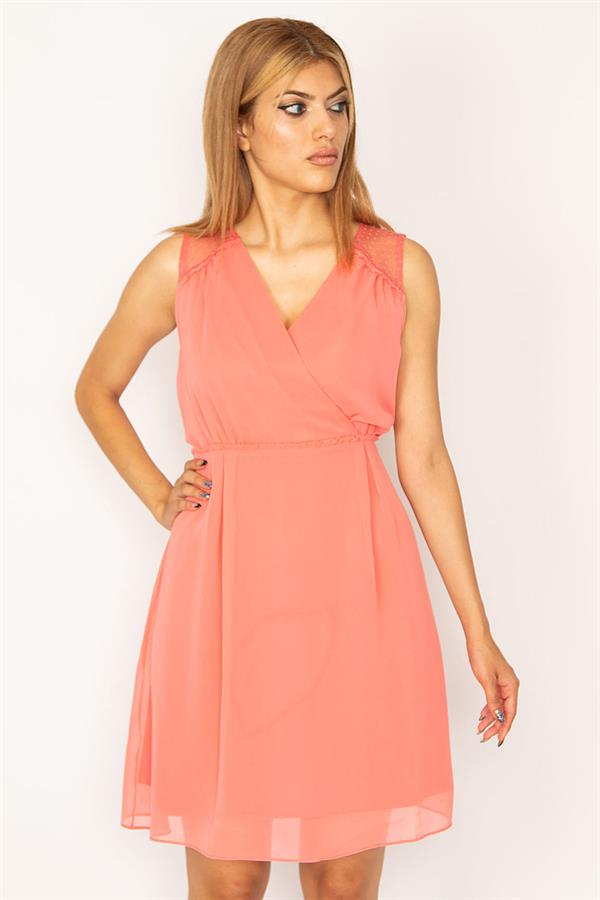 KADIN NAR DANTEL VE SIRT DETAYLI ANVELOP YAKALI ASTARLI ŞİFON ELBİSE 85N7343