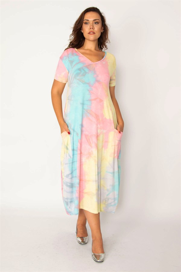 Kadın Saks Batik Desen V Yaka Cepli Elbise 65N33979