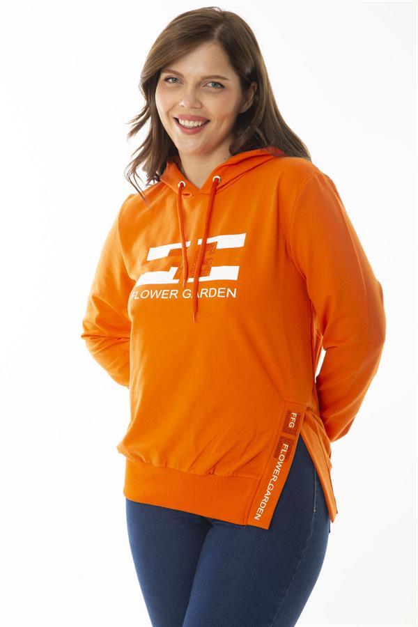 Women's Plus Size Orange Stone and Print Detailed Hooded Side Slit Sweatshirt 65N36867