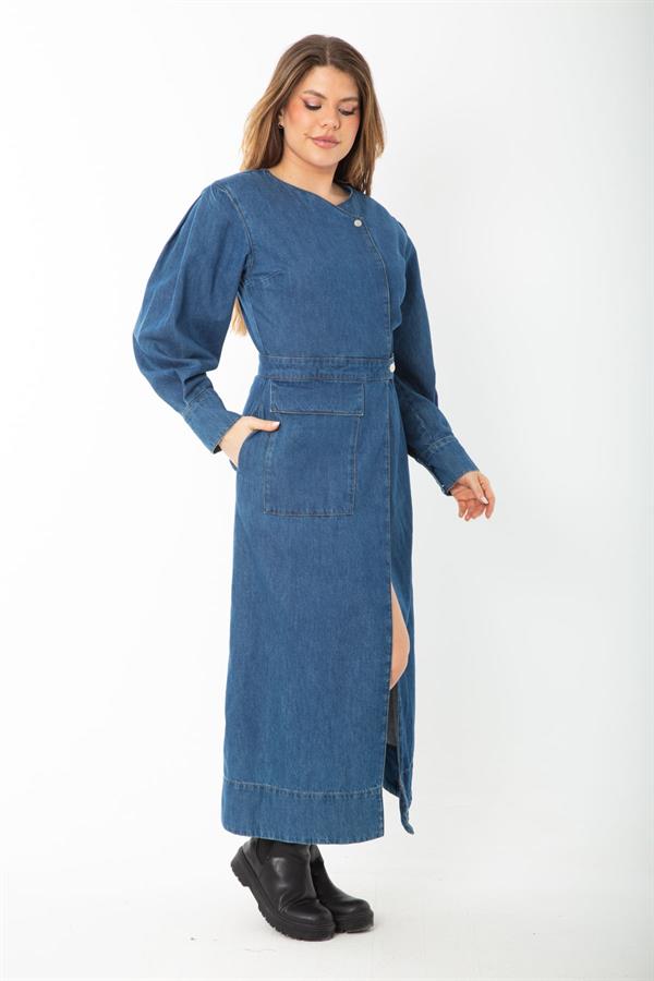 Kadın Lacivert Metal Düğmeli Anvelop Kot Elbise 65N37381