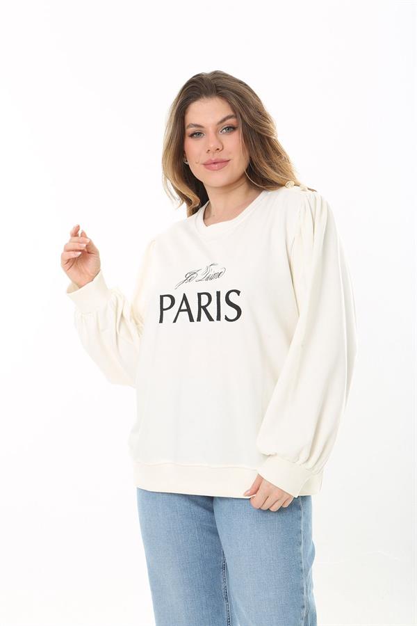 Kadın Büyük Beden Kemik Omuz Büzgülü Nakış Ve Süs Düğme Detaylı Sweatshirt 65N37526