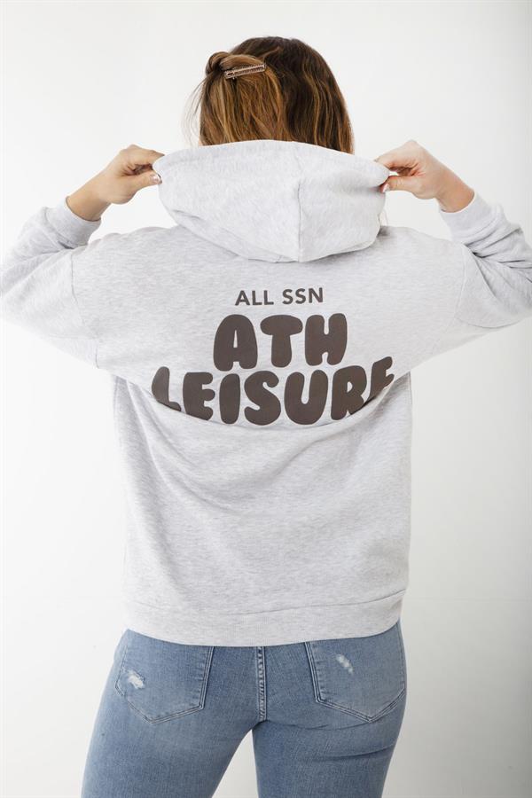 Women's Plus Size Gray Three-Thread Hooded Sweatshirt with Raised Inside 65N37199