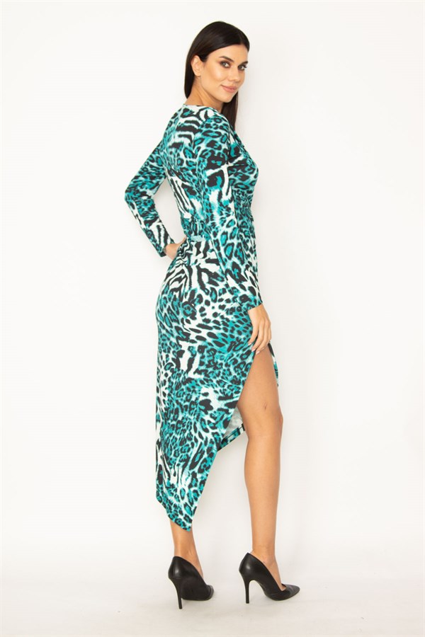 ROBE FENTE À IMPRIMÉ LÉOPARD VERT POUR FEMME