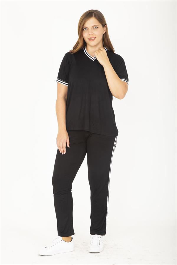 Kadın Büyük Beden Lacivert Ribanall Kısa Kollu Bluz Pantolon Eşofman Takım 65N36811
