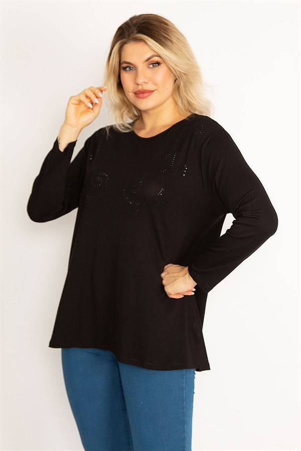 Kadın Siyah Taş Detaylı Uzun Kollu Bluz 65N34632