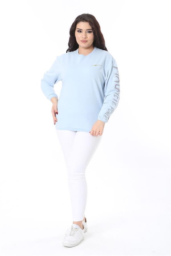 Women's Plus Size Blue Flock Sleeved Sweatshirt 65N38689