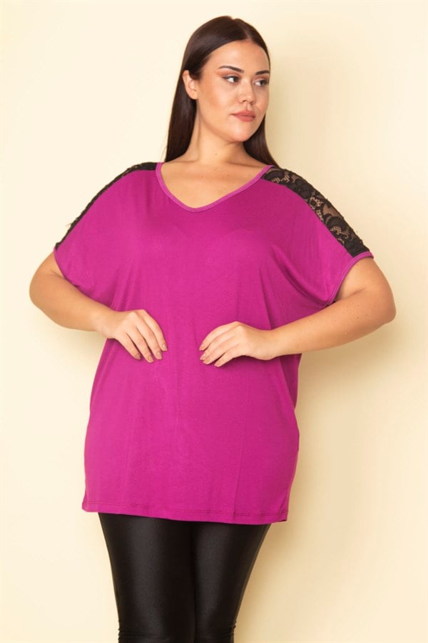Kadın Fuşya Omuzları Dantel Detaylı V Yakalı Viskon Bluz 65N28745