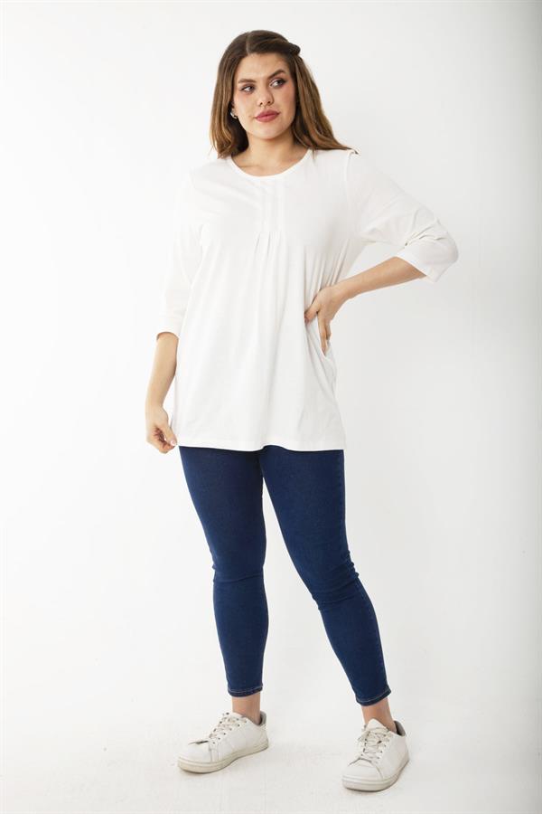 Kadın Büyük Beden Kemik Pamuklu Kumaş Pile Detaylı Kapri Kollu Bluz 65N37225