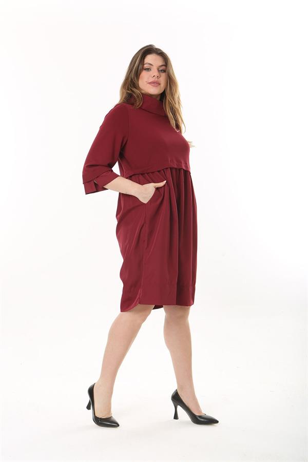 Kadın Büyük Beden Bordo Yaka Kol Ağzı Ve Etek Kısmı Tafta Kumaş Elbise 65N37545