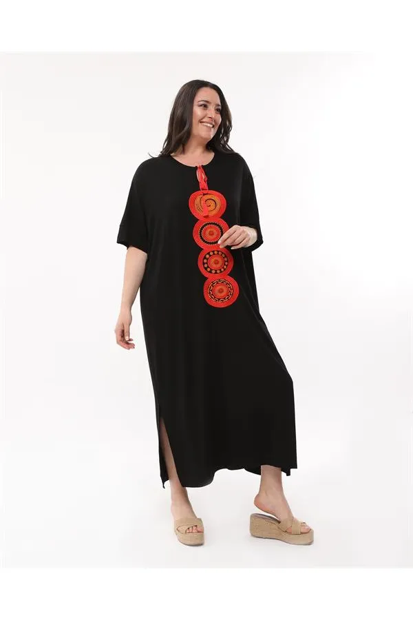 Kadın Büyük Beden Siyah, Rahat Kesim V Yaka Nakışlı Elbise 65N39077