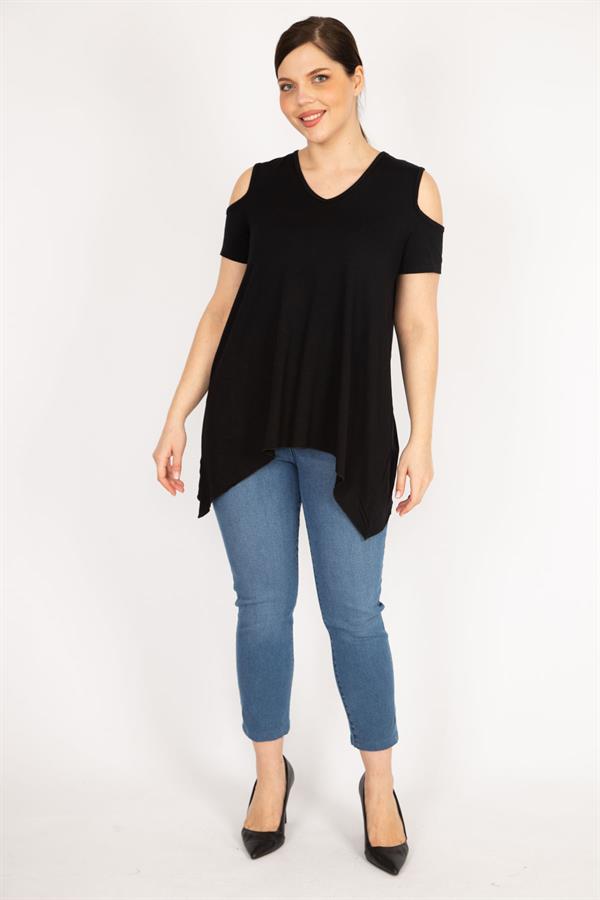Kadın Saks Büyük Beden Omuz Dekolteli Asimetrik Kesim Viskon Bluz
