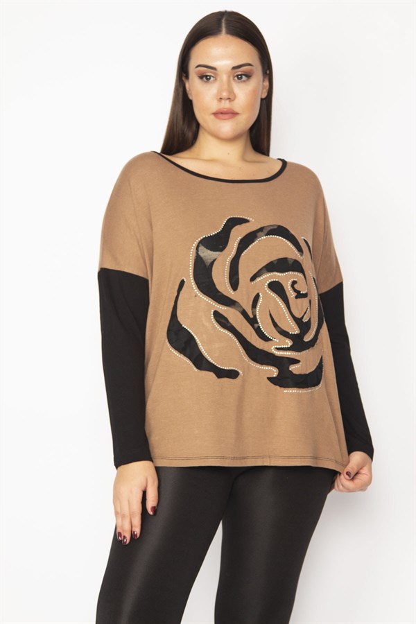 Kadın Camel Önü Flok Desen Ve Taş Detaylı İki Renkli Tunik 65N29336