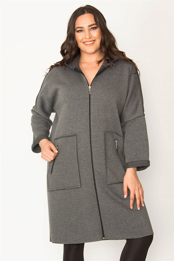 Kadın Füme Fermuar Ve Kapşon Detaylı Kaban 65N28345