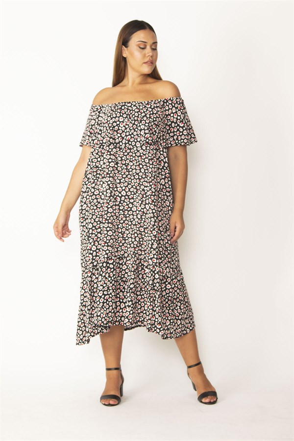 Kadın Kırmızı Yakası Lastik Ve Volan Detaylı Etek Ucu Katlı Dokma Viskon Kumaş Elbise 65N28546