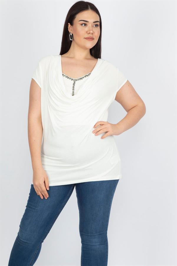 Kadın Büyük Beden Kemik Taş Detaylı Düşük Yakalı Bluz 65N37662
