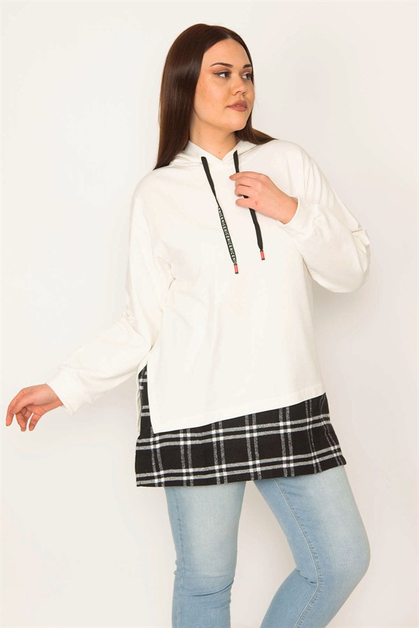 Kadın Kemik Kapşonlu Etek Ucu Ekose Garnili Sweatshirt 65N31947