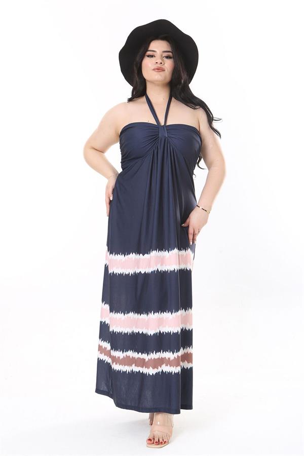 Kadın Büyük Beden Lacivert Boyundan Bağlamalı Straplez Elbise 65N37937