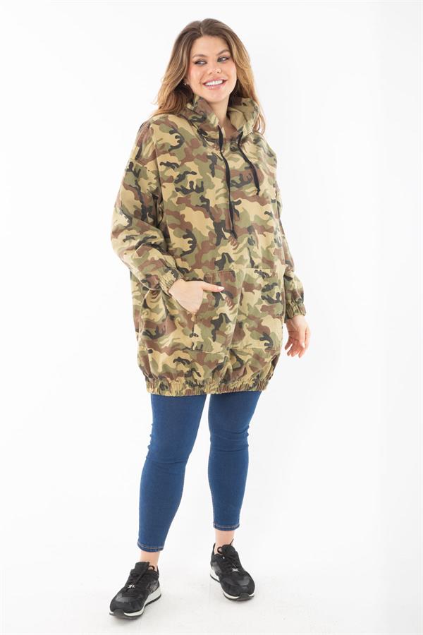 Women's Plus Size Khaki Casual Cut Camouflage Patterned Hooded Kangaroo Pocket Long Sweatshirt 65N37298