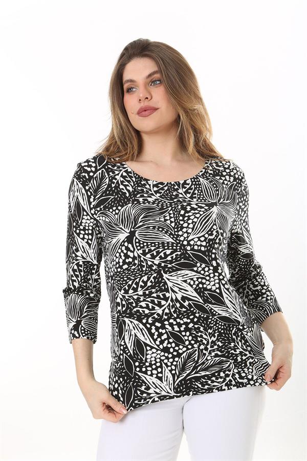 Kadın Büyük Beden Siyah Bisiklet Yakalı Uzun Kollu Bluz 65N37585