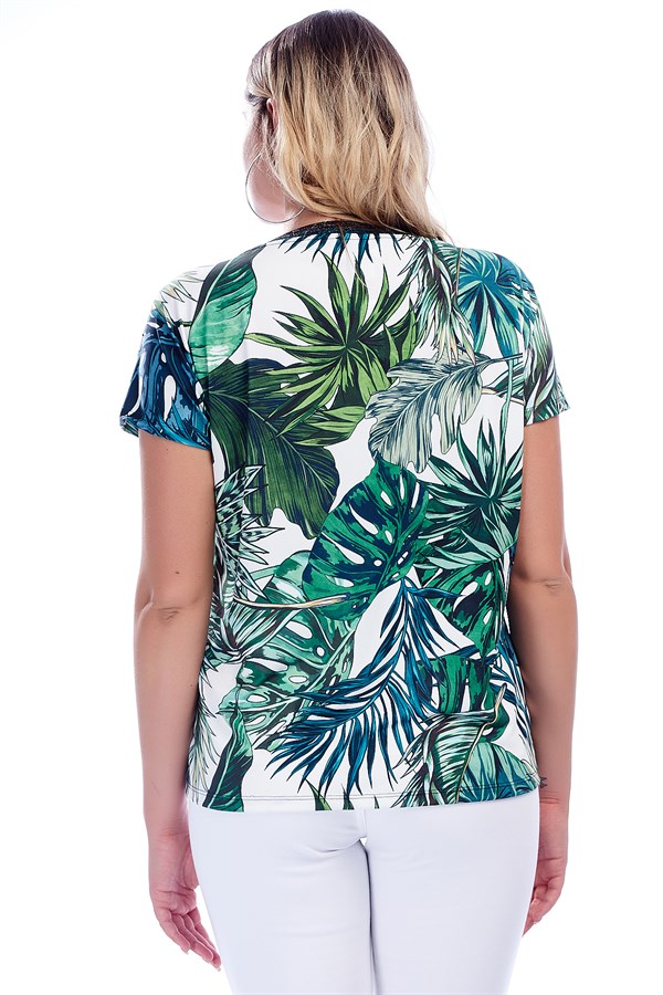 KADIN YEŞİL YAKASI SİMLİ KISA KOLLU DESENLİ BLUZ