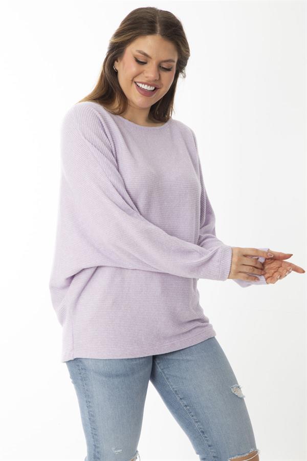 Kadın Büyük Beden Lila Yarasa Kol Kendinden Çizgili Yün Viskon Bluz 65N37007