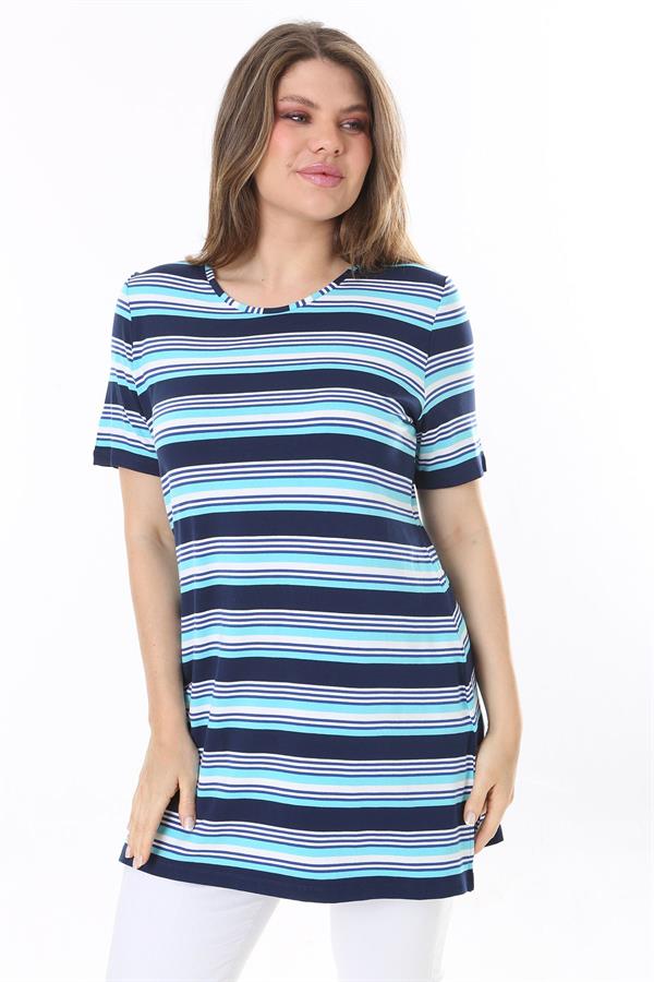 Kadın Büyük Beden Mavi Bisiklet Yakalı Kısa Kollu Çizgili Tunik 65N37850