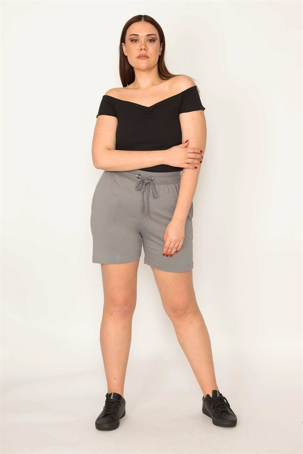 Kadın Gri Pamuklu Kumaş Beli Lastik Ve Kuşgözü Bağcıklı Yan Cepli Şort 65N32349