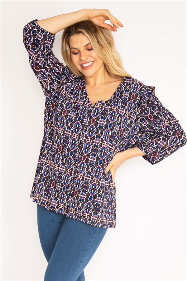 Kadın Renkli Önü Birit Düğmeli Omuzu Fırfırlı Tunik 65N35120