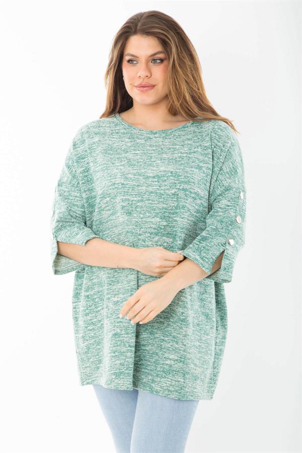Kadın Büyük Beden Yeşil Kolları Süs Metal Düğmeli Kırçıllı Kalın Tunik 65N37403