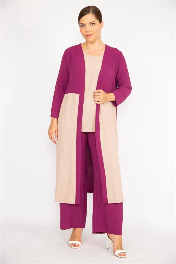 Kadın Büyük Beden İndigo Hırka İç Bluz Ve Pantolon Üçlü Takım