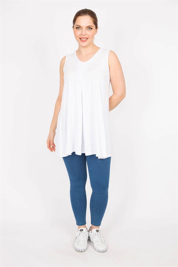 Kadın Beyaz Büyük Beden Önü A Pileli V Yakalı Uzun Bluz