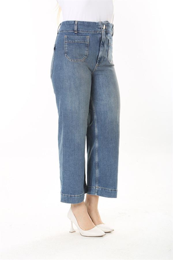 Kadın Büyük Beden Mavi Yüksek Bel 4 Cepli Likralı Kot Pantolon 65N37923