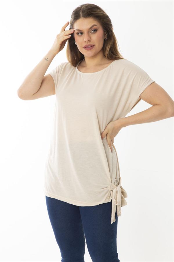 Kadın Büyük Beden Vizon Etek Ucu Bağcıklı Düşük Kollu Bluz 65N37031