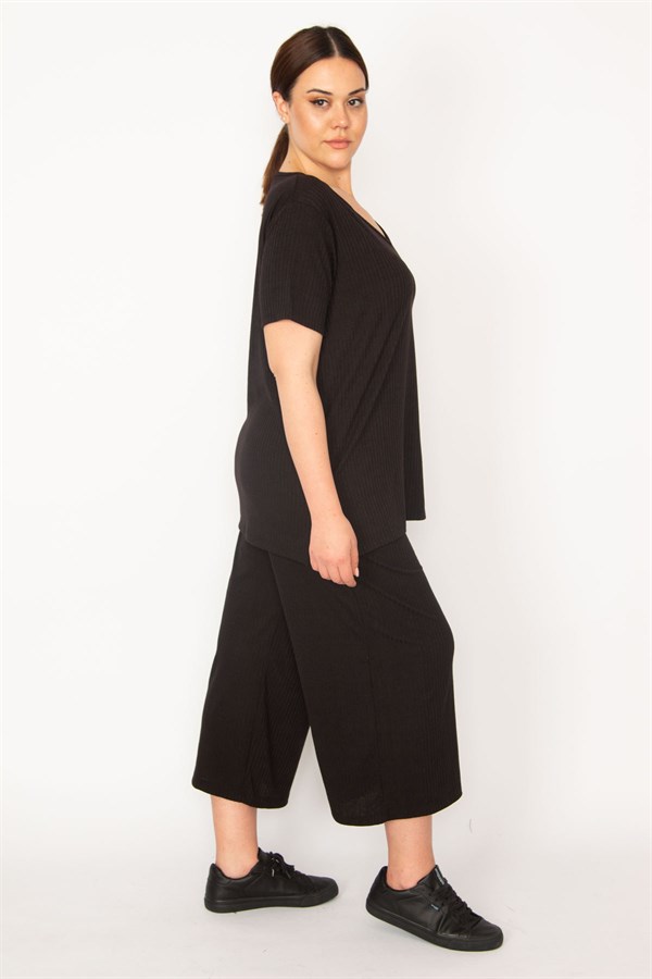 Kadın Fujya Kaşkorse Örme Beli Lastikli Geniş Paçalı Pantolon V Yakalı Bluz Takım 65N32939