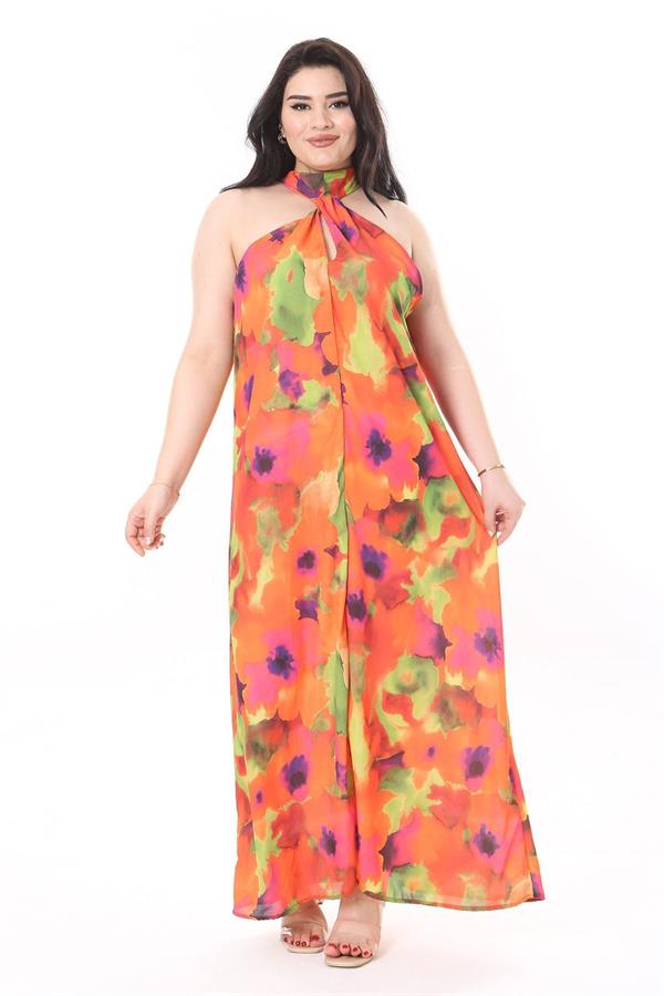 Kadın Büyük Beden Renkli Boyundan Bağlamalı Astarsız Krep Elbise 65N37940