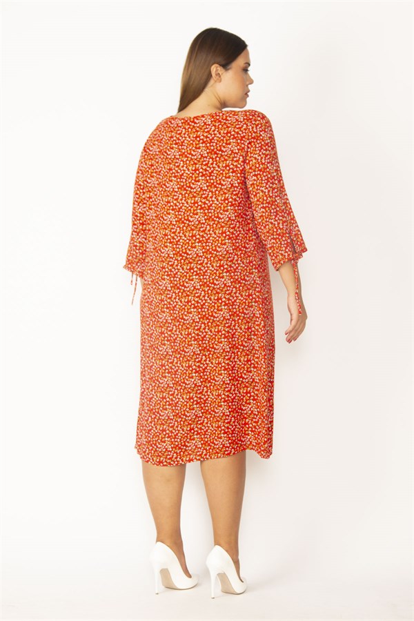 Kadın Bordo Yaka Ve Kolları Bağcık Detaylı Dokuma Viskon Kumaş Çıtır Desenli Elbise 65N28831