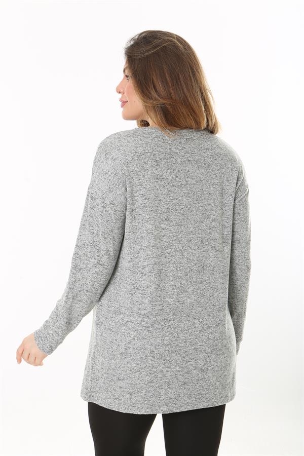 Kadın Büyük Beden Gri Önü Taş Detaylı Yün Viskon Bluz 65N37501
