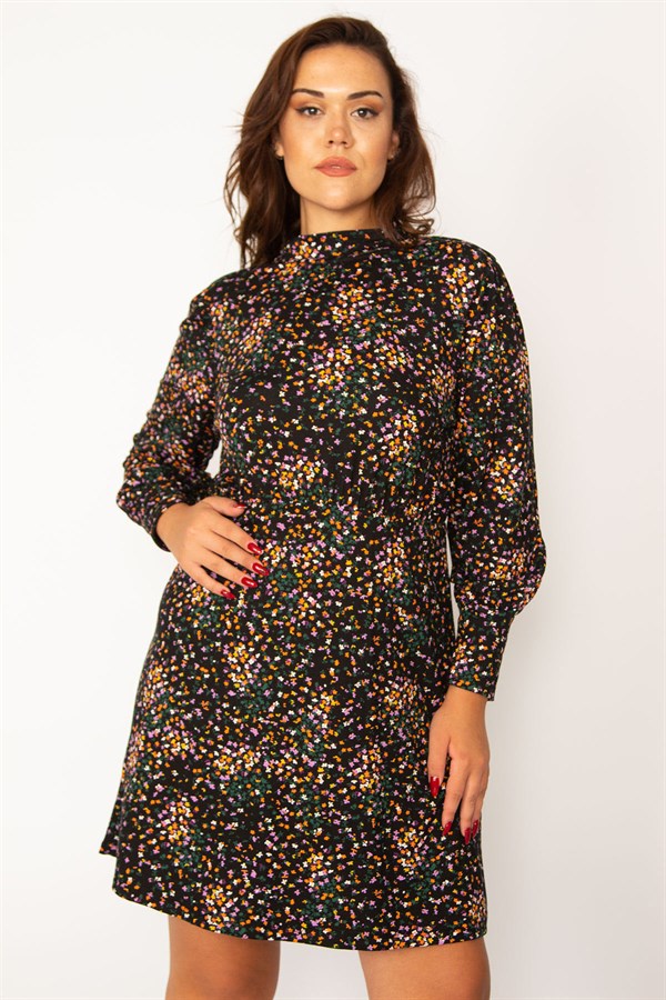 Kadın Renkli Beli Lastik Detaylı Uzun Kollu Elbise 65N34051