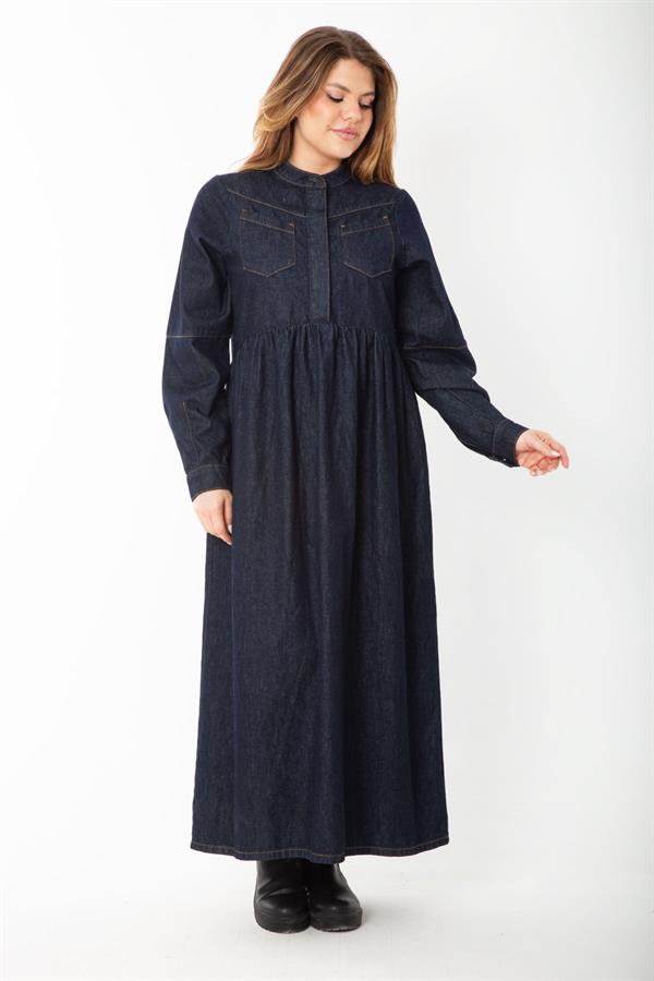 Women's Navy Blue Hidden Placket Metal Button Denim Dress 65N37375