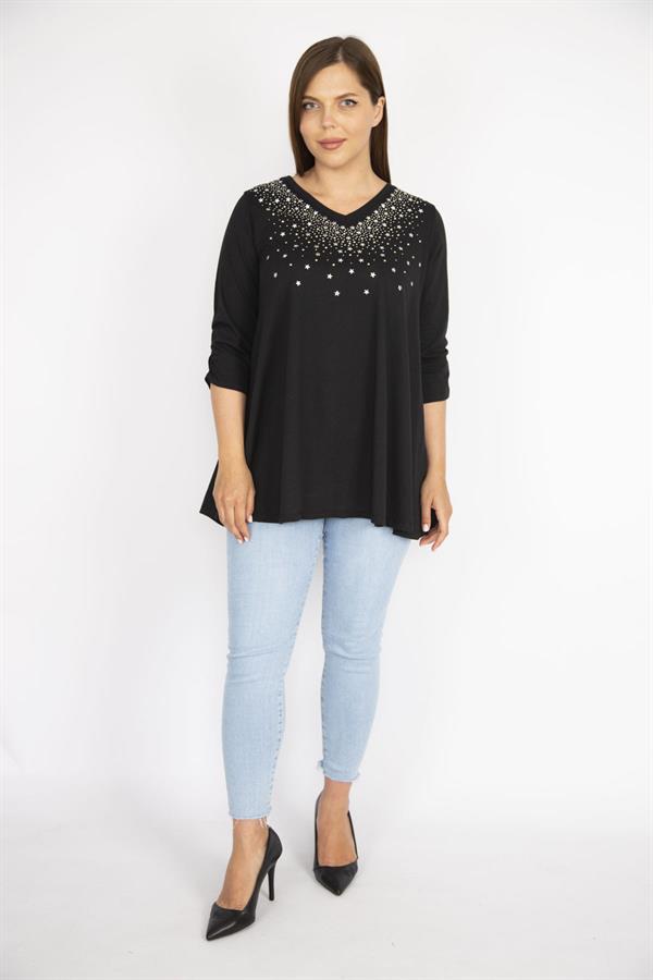 Kadın Siyah Büyük Beden Taş İşli V Yaka Kolu Lastik Büzgülü Bluz