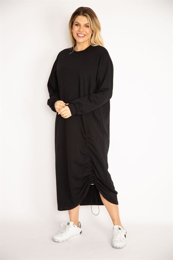 Kadın Siyah Büzgü Detaylı Sweatshirt Elbise 65N35043