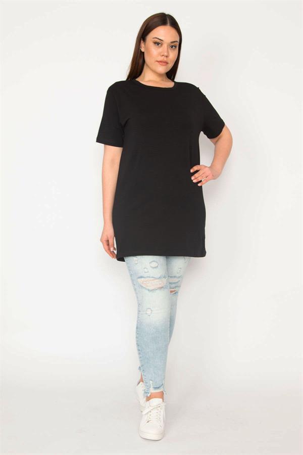 Kadın Siyah Büyük Beden Bisiklet Yakalı Kısa Kollu Oversize Bluz