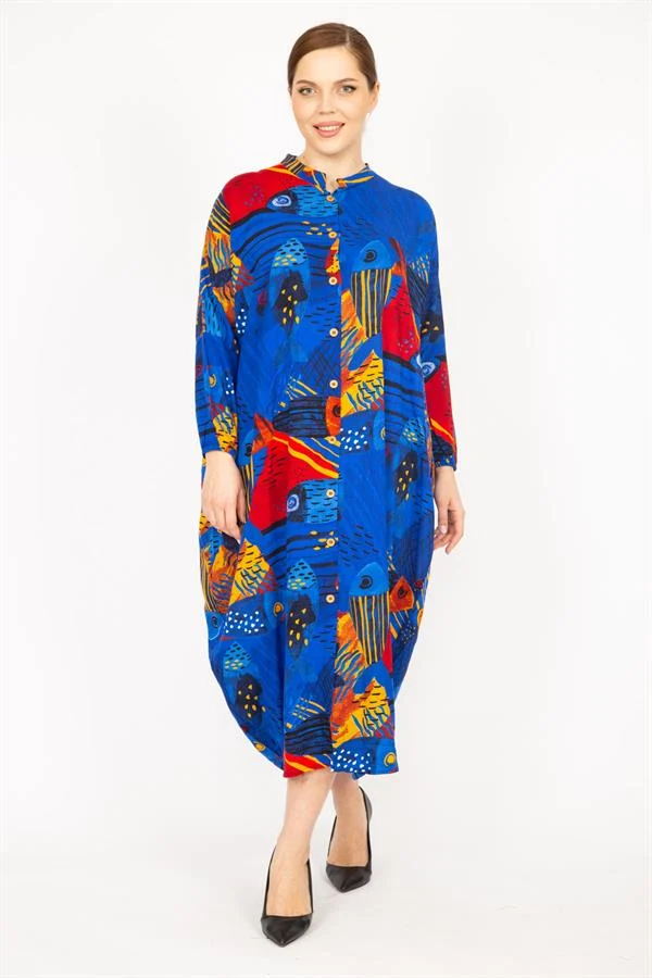 Kadın Fujya Büyük Beden Dokuma Viskon Kumaş Ön Boy Düğmeli Elbise