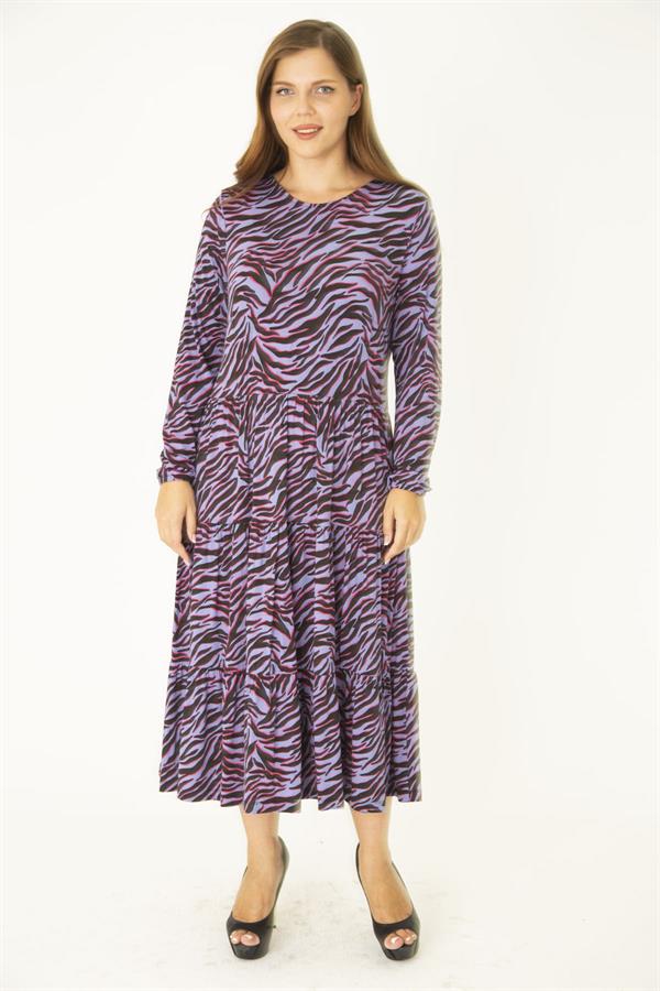 Kadın Büyük Beden Lila Öpücük Yaka Katlı Uzun Kollu Elbise 65N36913