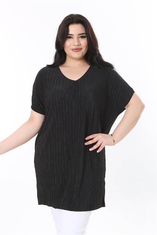 Kadın Büyük Beden Siyah V Yakalı Düşük Kollu Uzun Bluz 65N37999