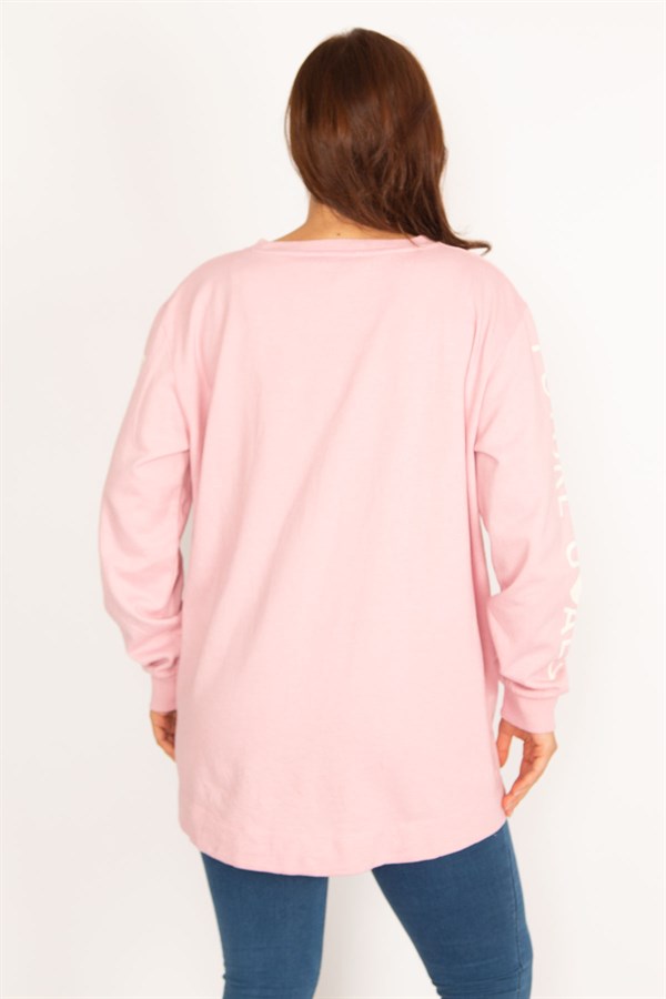 Kadın Pembe İçi Şardonlu Pamuklu Kumaş Etek Ucu İki Yan Fermuar Yırtmaçlı Kol Baskılı Sweatshirt