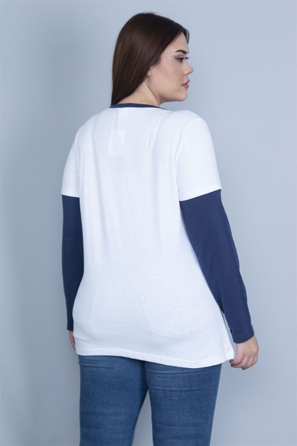 Kadın Beyaz Pamuklu Kumaş Uzun Kollu Renk Kombinli Bluz 65N27620