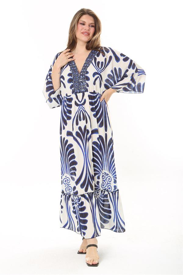 Kadın Büyük Beden Mavi Yakası Taş Detaylı Etek Ucu Katlı Krep Elbise 65N37907