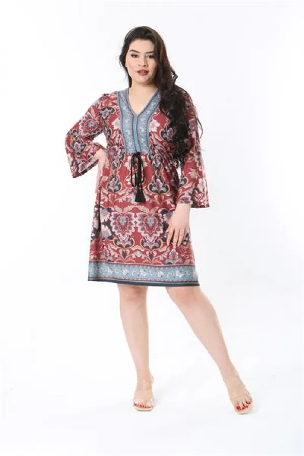 Kadın Büyük Beden Renkli V Yakalı Desenli Elbise 65N38846